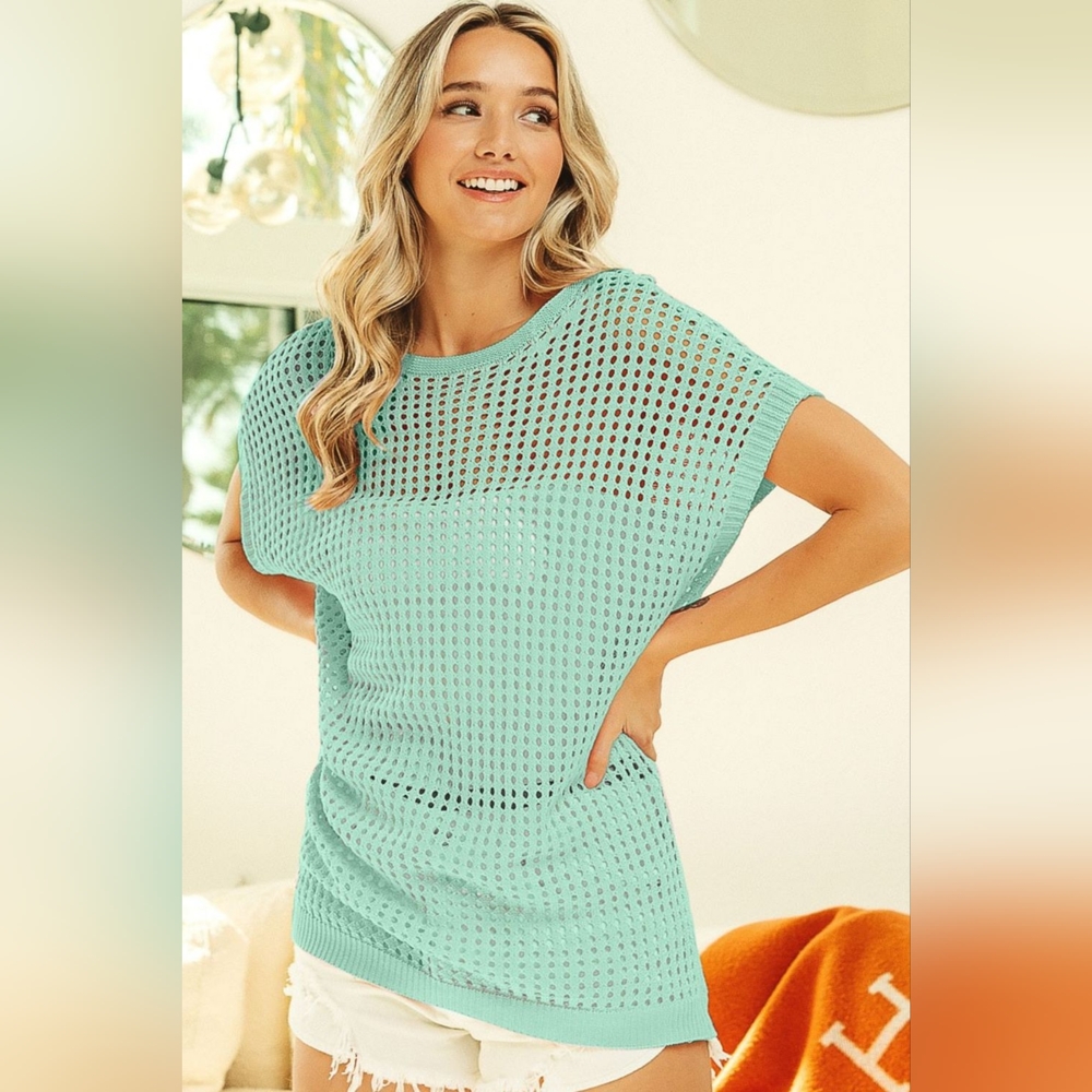 BiBi Openwork Short Sleeve Knit Cover Up